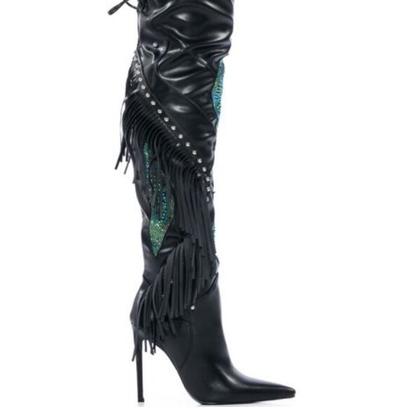 "COUNTRY WIT A LIL RUNWAY"  RHINESTONE OVER THE KNEE STILETTO BOOT /FRINGE BLACK - Picture 5 of 8